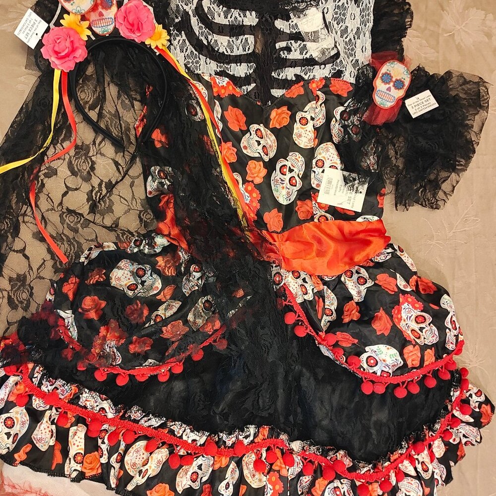Girls' Black & Orange Day of the Dead Halloween Costume Dress with Headband